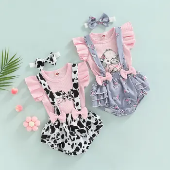 Летняя одежда-тройка для девочек, топы с круглым вырезом и длинными рукавами + Шорты на подтяжках с принтом молочной коровы + Повязка на голову