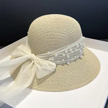 Летняя элегантная соломенная кружевная Соломенная шляпа с жемчужной сеткой, женская французская шляпа с бантом, Большая Рыбацкая шляпа