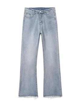 лето 2023, новая модная женская одежда, дизайнерский стиль, ретро необработанные края, слегка расклешенные брюки, прямые джинсы