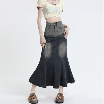 Летом градиент дизайн обернуть бедра рыбий хвост юбка Джинсовая женская новая простая американский уличный стиль прямая юбка средней длины женский