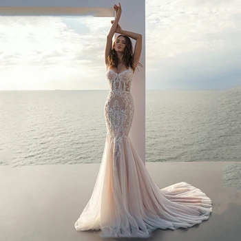 МАКЕТ, свадебное платье без рукавов в стиле бохо цвета шампанского, сексуальное свадебное платье-русалка на тонких бретельках, украшенное бисером на заказ