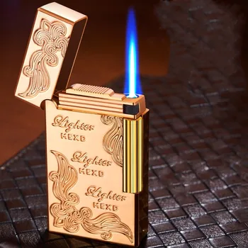 Металлическая ветрозащитная бутановая зажигалка, зажигание шлифовального круга, турбинная горелка с синим пламенем, наружная портативная зажигалка для сигар, мужской подарок