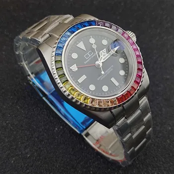 Механизм NH34 GMT часы с радужной инкрустацией бриллиантами автоматические механические мужские часы Night Glow с водонепроницаемым стальным ремешком модные часы