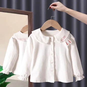 Милые кружевные рубашки с отложным воротником для маленьких девочек, Новые Весенне-осенние топы с длинными рукавами для девочек, Детские блузки в корейском стиле 2023