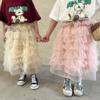 Милые однотонные сетчатые юбки для девочек, детская двухслойная универсальная повседневная юбка для торта
