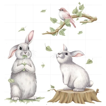 Милый белый кролик мультяшные наклейки на стены Ветка дерева Маленькие Птички 3d виниловые настенные наклейки украшение дома обои с животными 90 * 30 см