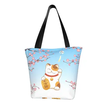 Модная Японская Сумка-Тоут Sakura Maneki Neko Для Покупок, Многоразовые Сумки Lucky Cat, Холщовая Продуктовая Сумка Для Покупок Через плечо