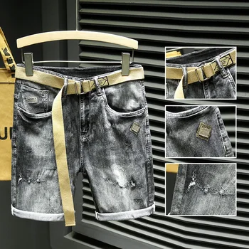Модные брендовые джинсовые шорты Мужские Летние Новинки 2022 года, прямые шорты с узким поясом и эффектом усов, Брендовые Мужские брюки