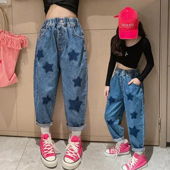 Модные джинсы для девочек, Джинсы с рисунком Звезды, Повседневные детские Джинсовые Брюки в стиле Кэжуал, Весенне-осенняя Детская одежда 6, 8, 10, 12, 14 лет