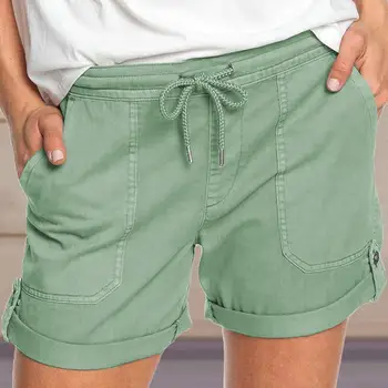 Модные женские однотонные летние женские повседневные шорты средней посадки с карманами на шнурках, короткие брюки, спортивные брюки, уличная одежда
