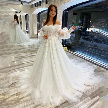 Модные Кружевные свадебные платья Sweethart с длинными пышными рукавами и открытыми плечами на заказ для новобрачных 2023 Vestido De Morrie