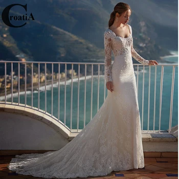 Модные свадебные платья Croadia без бретелек 2023, аппликации на пуговицах Невесты, Тюлевая Русалка, длинный рукав, придворный шлейф, Vestido De Casamento