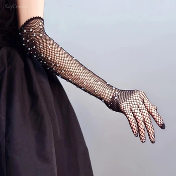 Модные, сексуальные, Сетчатые перчатки, женские Элегантные, с имитацией Бриллиантов, для косплея, клубной вечеринки, выпускного вечера, танцевального платья, Длинные Черные перчатки G165