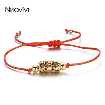 Модный браслет-оберег Neovivi с фианитовой трубкой, медные бусины с микро-прокладкой из черного циркона с красной веревкой, браслеты-гирлянды, ювелирные изделия для женщин и мужчин