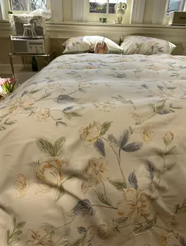 Модный романтический комплект постельного белья с зеленым пасторальным цветком, полный комплект королевского домашнего текстиля в деревенском стиле с цветочным рисунком, простыня, наволочка, пододеяльник