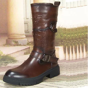 Мотоциклетные ботинки из натуральной кожи Евро, мужские зимние рыцарские сапоги с пряжкой до середины икры, крутая обувь, ковбойские сапоги в западном стиле на молнии