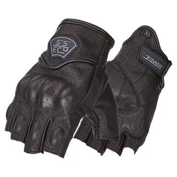 Мотоциклетные перчатки из перфорированной натуральной кожи, защитное снаряжение для мотоцикла на полпальца, винтажные перчатки для мотокросса, байкерские перчатки, черное Ретро