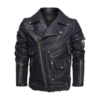 Мужская мотоциклетная куртка из искусственной кожи с карманами на молнии, кожаные пальто, мужское кожаное пальто, верхняя одежда для мужчин