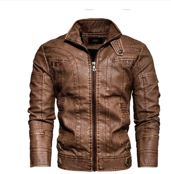 Мужская осенне-зимняя куртка из искусственной кожи среднего и молодого возраста со стоячим воротником, плюшевая и толстая мотоциклетная куртка