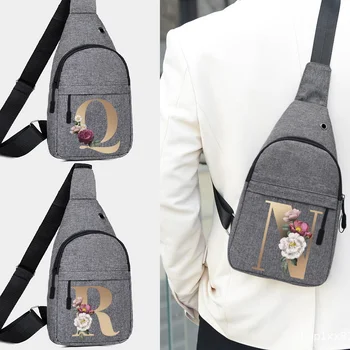 Мужская повседневная многофункциональная нагрудная сумка с отверстием для USB-зарядного устройства, сумки через плечо с золотым буквенным принтом, дорожная сумка через плечо, холщовый кошелек на молнии