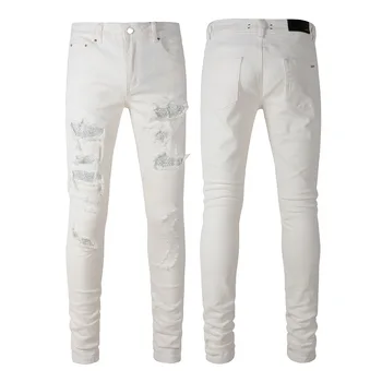 Мужские джинсы High Street Stretch Slim Fit, винтажные брюки с белыми бриллиантами, рваные заплатки, уличная одежда, мужские рваные джинсы полной длины