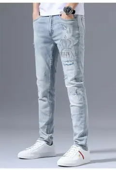 Мужские облегающие джинсы с вышивкой, Тонкие свободные прямые джинсовые брюки, уличная одежда, Новые повседневные брюки с эластичной резинкой на талии.