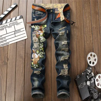 Мужские Рваные джинсы с вышивкой в виде тигрового цветка С дырками Модные Повседневные Тонкие потертые джинсовые брюки