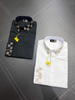 Мужские рубашки из хлопка с вышитым геометрическим рисунком, Camisas Masculina, повседневная приталенная мужская деловая рубашка 191653