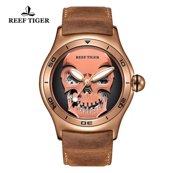 Мужские часы с черепом Reef Tiger / RT в стиле локомотива в стиле стимпанк, Сапфировое стекло, водонепроницаемые автоматические мужские часы