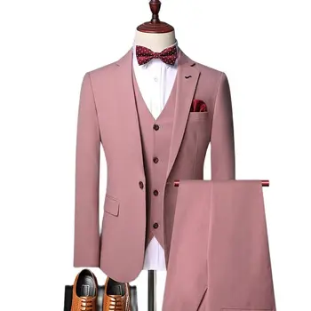 Мужской костюм, 3 предмета, приталенный однотонный британский костюм на одной пуговице, подходящий для свадебного банкета, Деловой повседневный комплект, куртка, жилет со штанами