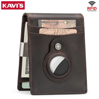 Мужской кошелек kavis с держателем Airtag, тонкий RFID-держатель для карт из натуральной кожи, минималистичный мужской зажим для денег Высокого качества