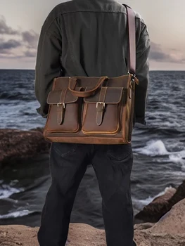 Мужской портфель из натуральной кожи NASVA, деловая сумка-мессенджер, винтажная кожаная сумка через плечо для мужчин, сумка для ноутбука с диагональю 15,6 дюйма