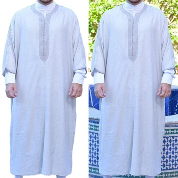 Мужской халат Мусульманская одежда Свободный круглый вырез Арабский Кафтан средней прочности Мусульманский Тобе Дубай Платье с длинным рукавом этническая одежда