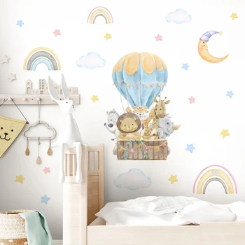 Мультяшный Воздушный шар Милые Животные Облако Радуга Акварельная Наклейка на стену для детской комнаты Наклейки на стены детской комнаты Домашний декор