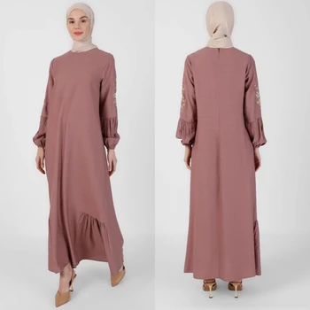Мусульманское женское платье с цветочной вышивкой, абайя с оборками, арабский исламский кафтан Джилбаб, Дубайское вечернее платье