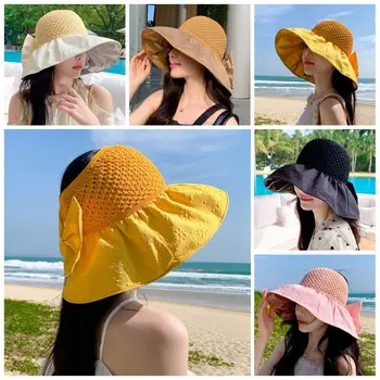 Мягкая и складная Летняя Солнцезащитная шляпа с защитой от ультрафиолета, Дорожная шляпа с широкими полями, Пляжная кепка, сумка для хранения с бантом, Солнцезащитная шляпа