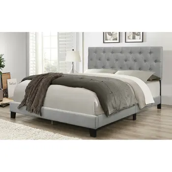 Мягкая кровать на платформе с мягким изголовьем, требуется пружинный блок, Льняная ткань, Мебель для спальни Twin / Queen Size серого цвета