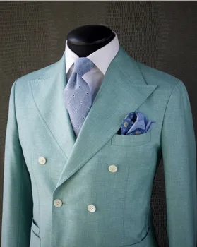 Мятно-зеленый пиджак и брюки, мужские костюмы, двубортная официальная одежда для жениха, деловой рабочий блейзер из 2 предметов (пиджак + брюки)