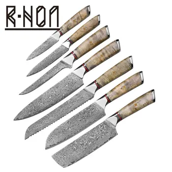 Набор дамасских кухонных ножей RHONE Professional 67layer VG10 для приготовления пищи, набор острых ножей для нарезки мяса с натуральной деревянной ручкой