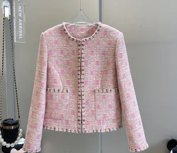 Новая женская одежда на весну и лето 2023 года, классическое шерстяное пальто в нежно-розовую клетку 0513