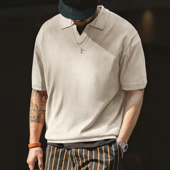 Новая летняя высококачественная вафельная мужская рубашка-поло, повседневная деловая мужская рубашка с короткими рукавами для общения