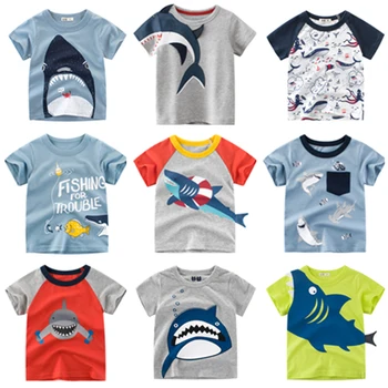 Новая летняя футболка для мальчика с мультяшной акулой, хлопковая детская футболка, одежда для маленьких девочек с коротким рукавом, детские костюмы 2-8 лет