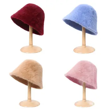 Новая осенне зимняя женская Рыбацкая шапка из кроличьего меха Теплая Уличная тенденция Basit Hat Мода Сплошной цвет Wild Bucket Hat Женщины