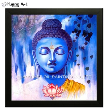 Новая Современная картина маслом ручной работы с Синим Буддой и лотосом, настенный декор, Религиозная живопись на холсте Для декора комнаты или храма Любви