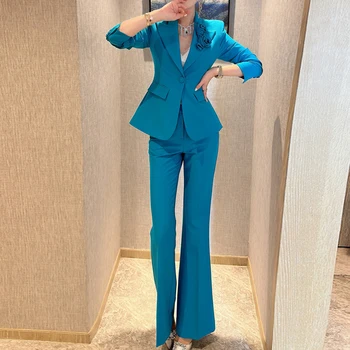 Новейший дизайнерский офисный костюм 2023 года, женский блейзер с цветами на одной пуговице, тонкие пальто и брюки-клеш, костюмы, комплект из 2 предметов