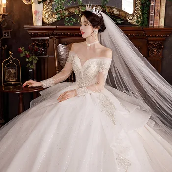 Новое платье невесты 2022 года с длинным рукавом на одно плечо, Легкое платье принцессы с большим хвостом в дворцовом стиле