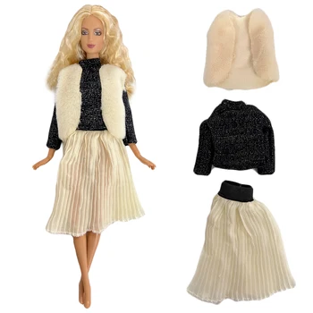 Новые 3 предмета / комплект модной одежды, жилет, пальто + Черная рубашка + Современное платье, повседневная одежда для куклы Барби, платье, аксессуары для кукол, игрушки