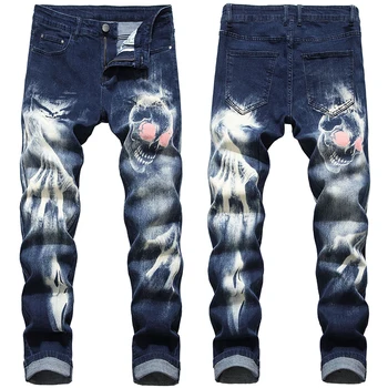 Новые брюки с рисунком льва, крутые прямые классические мужские джинсы из денима в стиле пэчворк, брюки с индивидуальным дизайном в стиле ретро, большие размеры