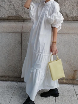 Новые весенне-летние винтажные белые длинные платья, женские однотонные Свободные платья с коротким рукавом, Уличная одежда с рукавами-фонариками большого размера, халат