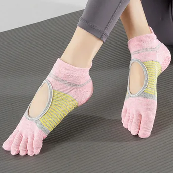 Новые женские носки для йоги с пятью пальцами, Дышащие хлопковые Носки для танцевальных видов спорта с открытой спиной, Силиконовые противоскользящие женские носки для йоги, пилатеса, балета